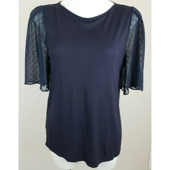 Ann Taylor Loft Navy Blue Top Shirt Keyhole Back Sheer Sleeves S NWT - Picture 1 of 5